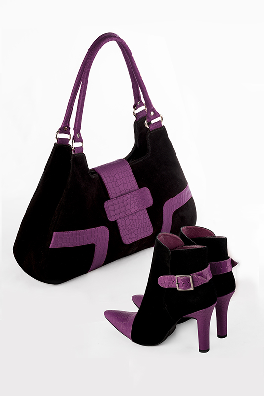 Mauve purple and matt black matching ankle boots, bag and . Worn view - Florence KOOIJMAN